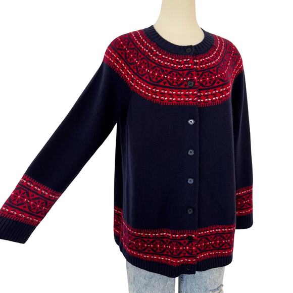Talbots Fair Isle Lambswool Blend Cardigan Sweater Button Down Navy Red 2XP - Picture 1 of 10